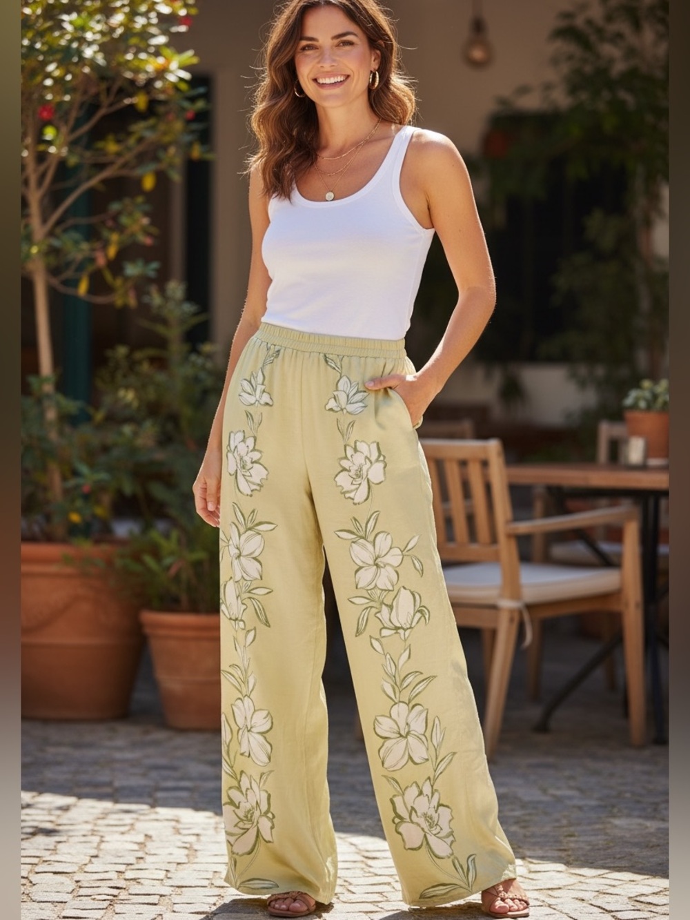 Sienna Sky Pale Gold Wide-Leg Satin Pants with White Floral Detail